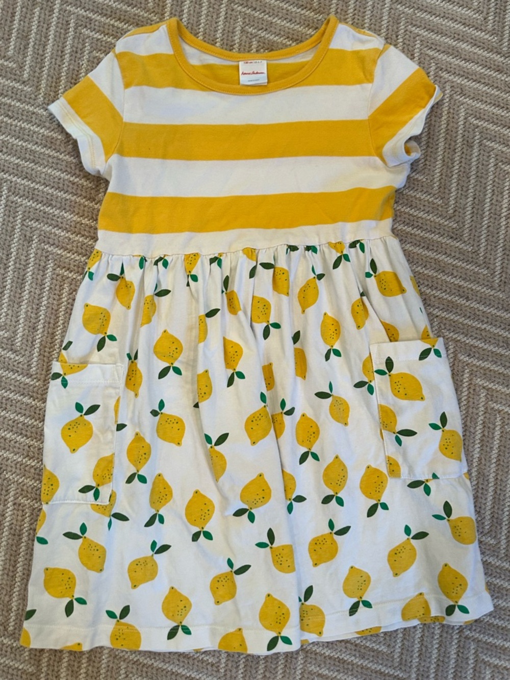 Hanna Andersson Yellow & White Striped Lemon Dress Size 6-7 Like New